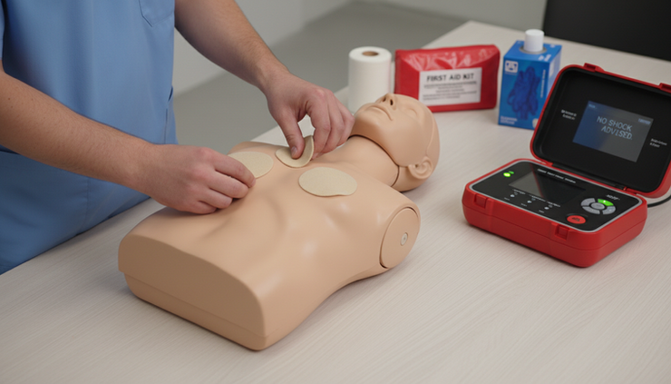 Close-up view of hands placing AED trainer pads on a CPR manikin