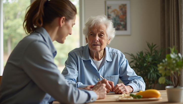Eye-level view of a caregiver assisting an elderly person at home in Virginia