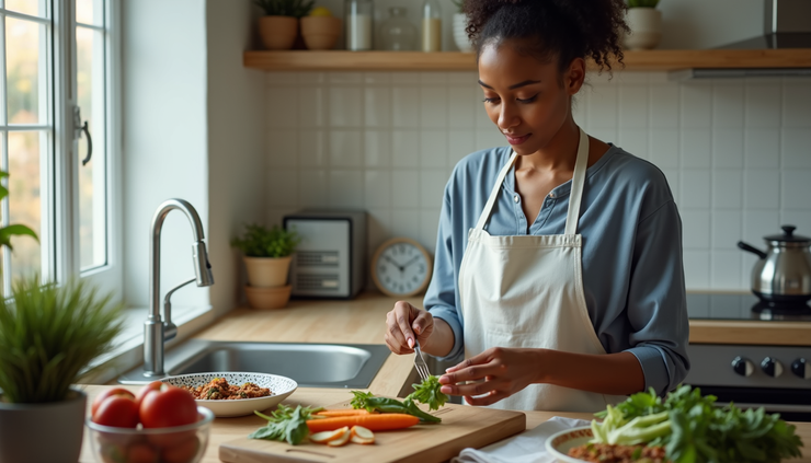 High angle view of a personal care aide preparing a meal for a client in a home kitchen