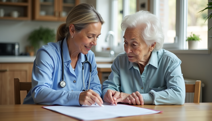 High angle view of a caregiver and elderly woman reviewing a care plan together