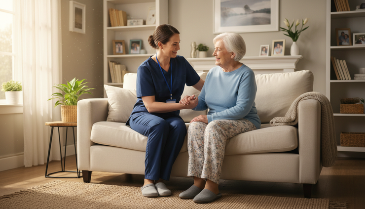 Eye-level view of a caregiver helping an older adult sit comfortably in a living room