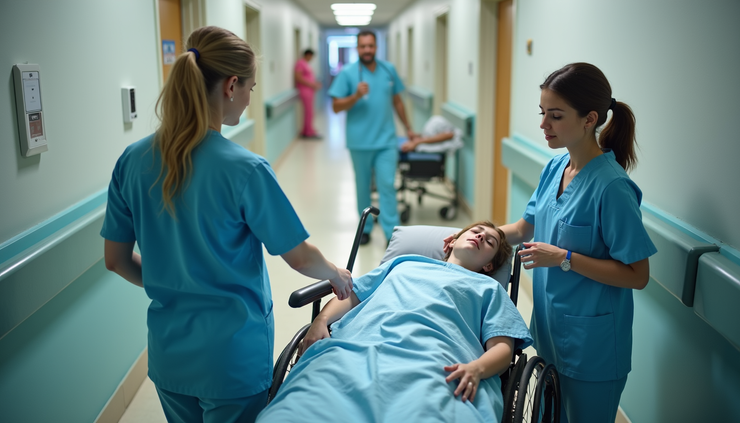 High angle view of CNA students practicing patient mobility techniques in clinical training