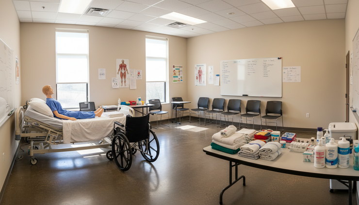 Wide-angle view of a bright healthcare classroom ready for caregiver students