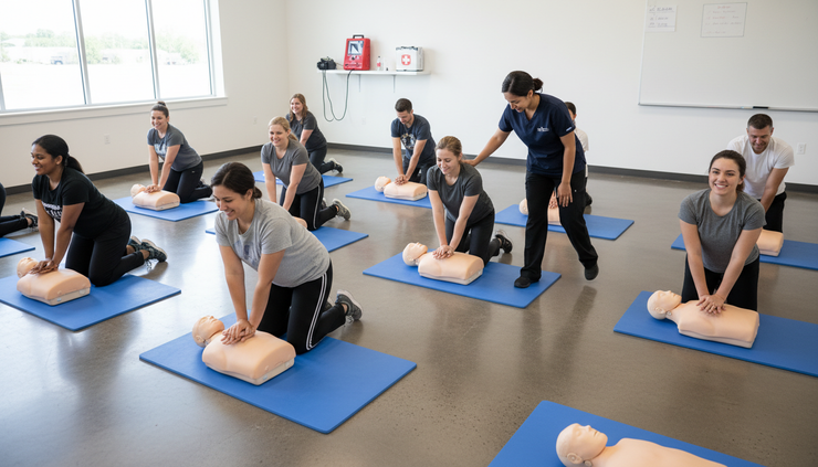 Wide-angle view of students practicing CPR skills with manikins in a training classroom