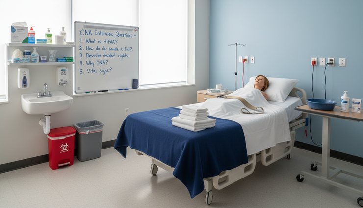 Wide-angle view of a CNA skills training room with a neatly made practice bed and mobility belt