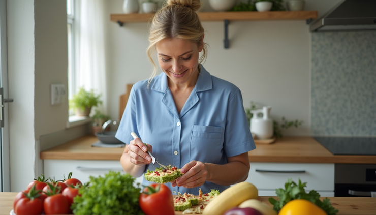 Close-up view of a caregiver preparing a meal in a home kitchen