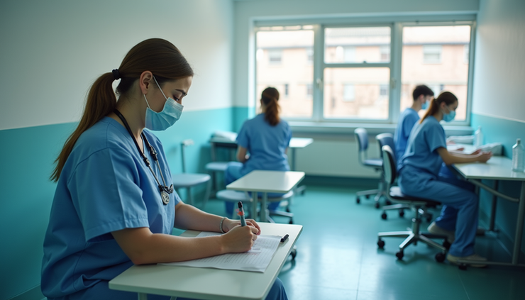 High angle view of a CNA training classroom with students practicing patient care skills