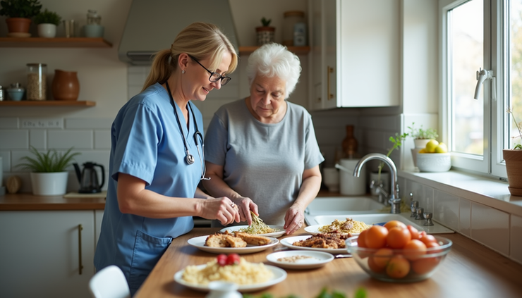 Eye-level view of a caregiver assisting an elderly person with meal preparation in a home kitchen