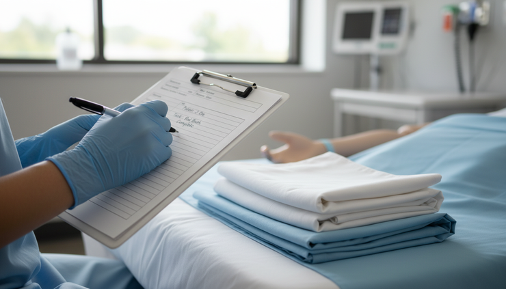 Close-up view of a hand recording patient care notes on a clipboard beside a training bed