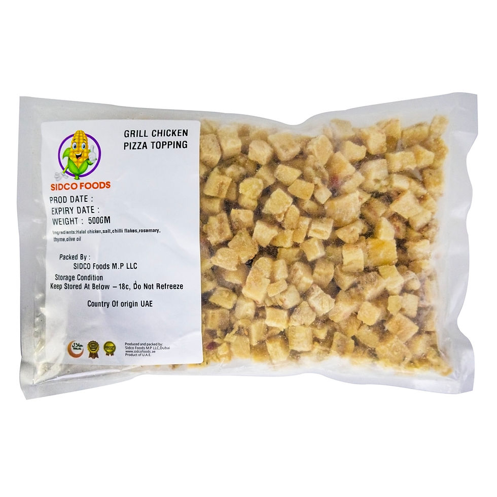 Bag of frozen small chicken pizza toppings