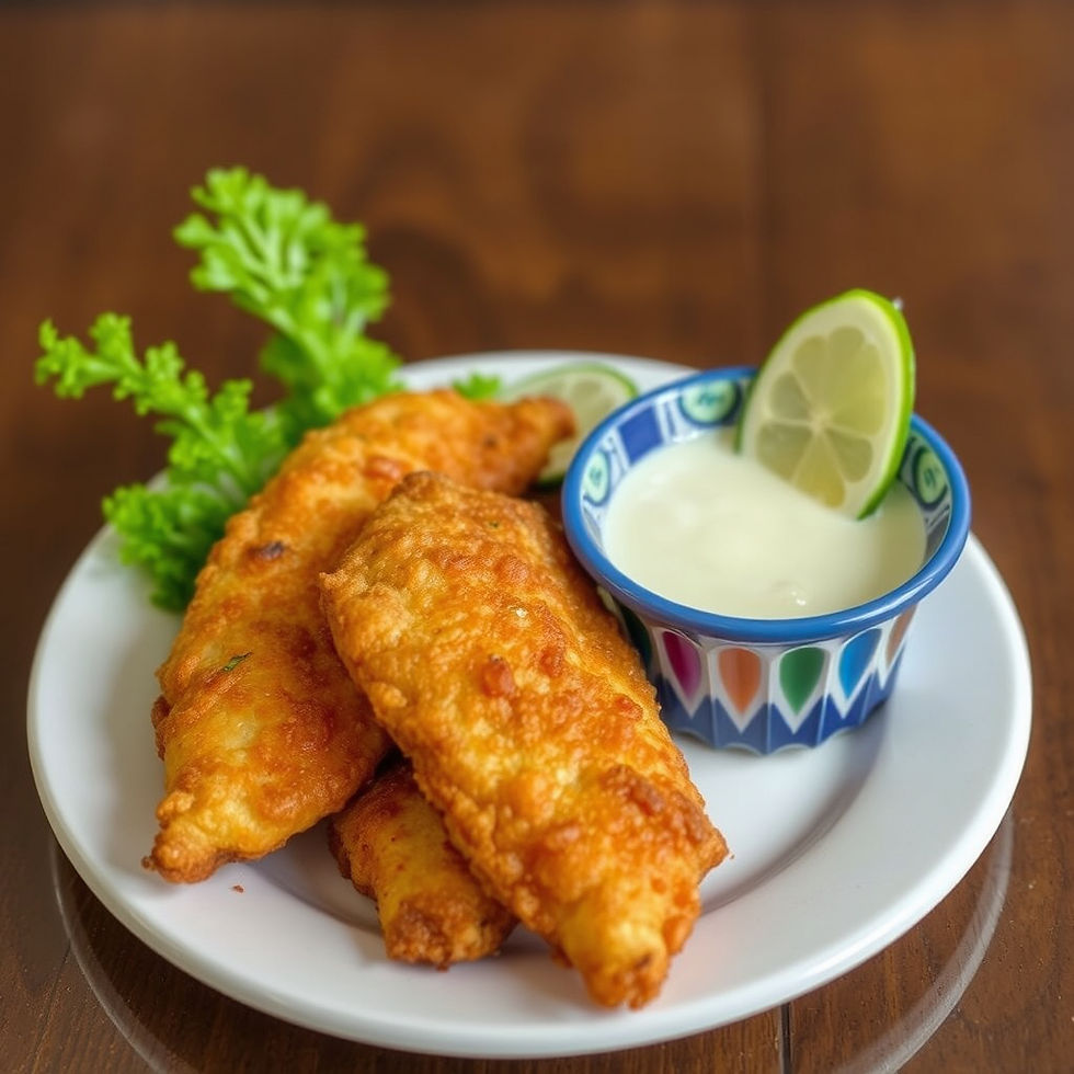 Crispy fried fish, creamy sauce, lime