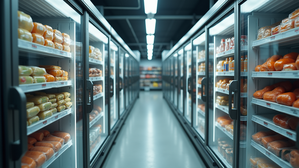 High angle view of organized frozen food storage in a commercial freezer