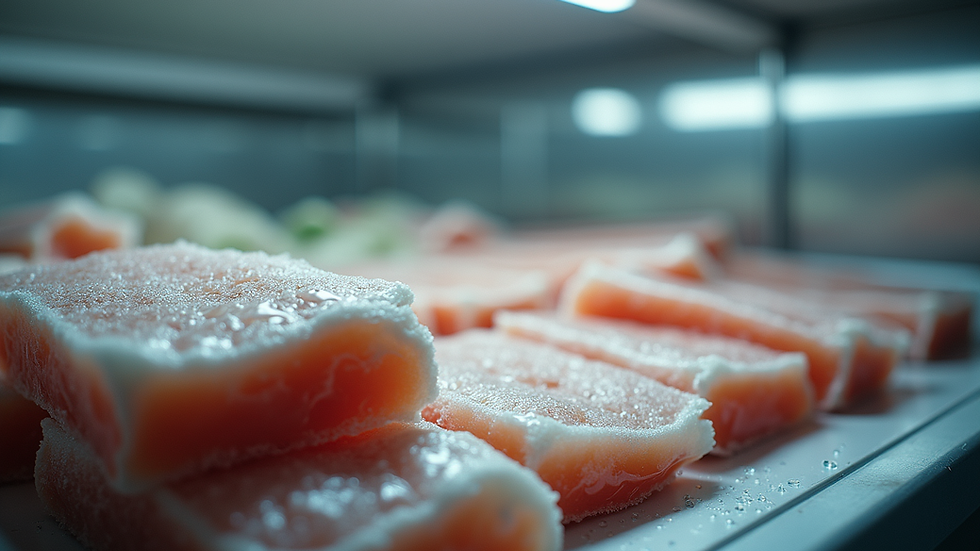 Eye-level view of frozen seafood packages stacked in a commercial freezer