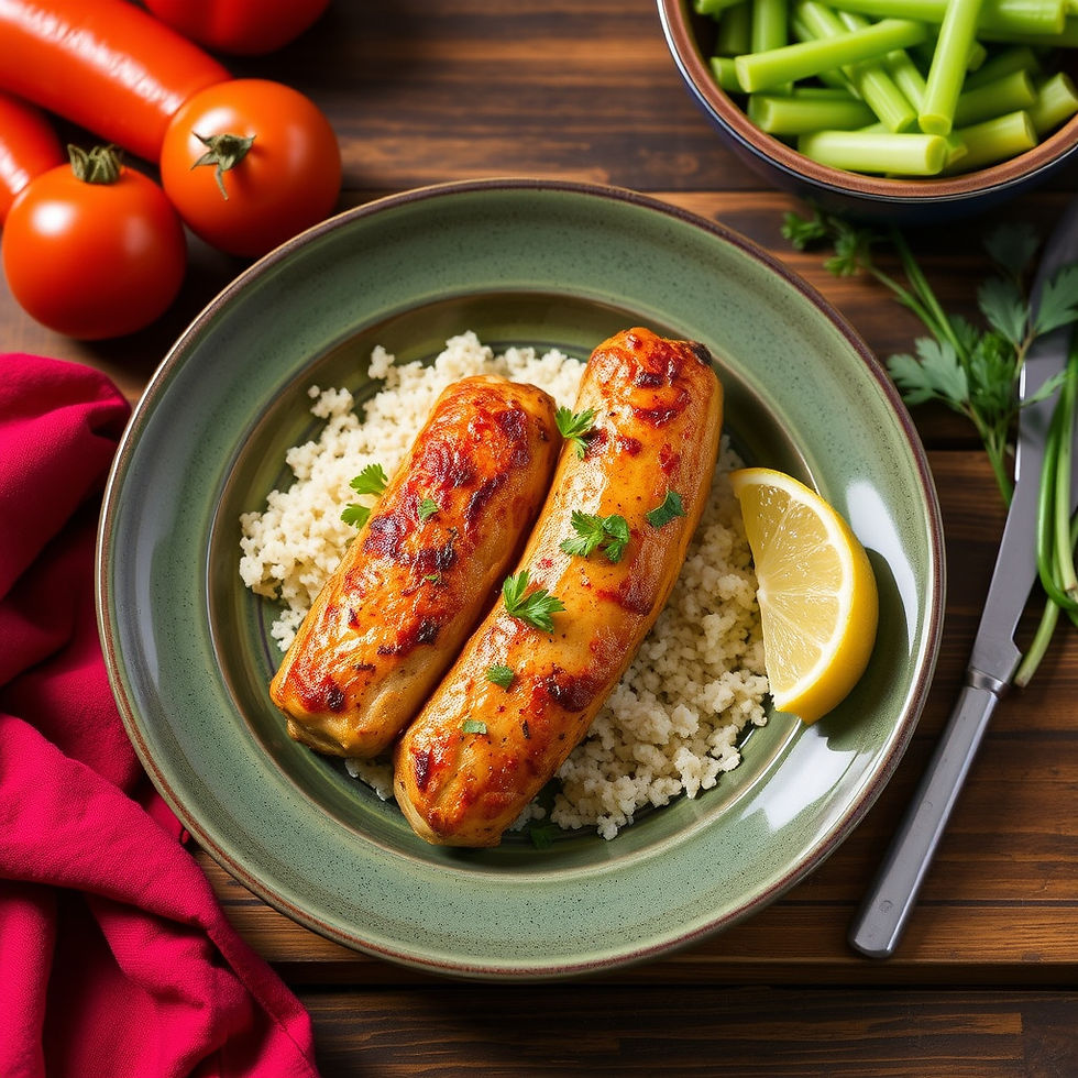 Grilled chicken sausages on rice with lemon