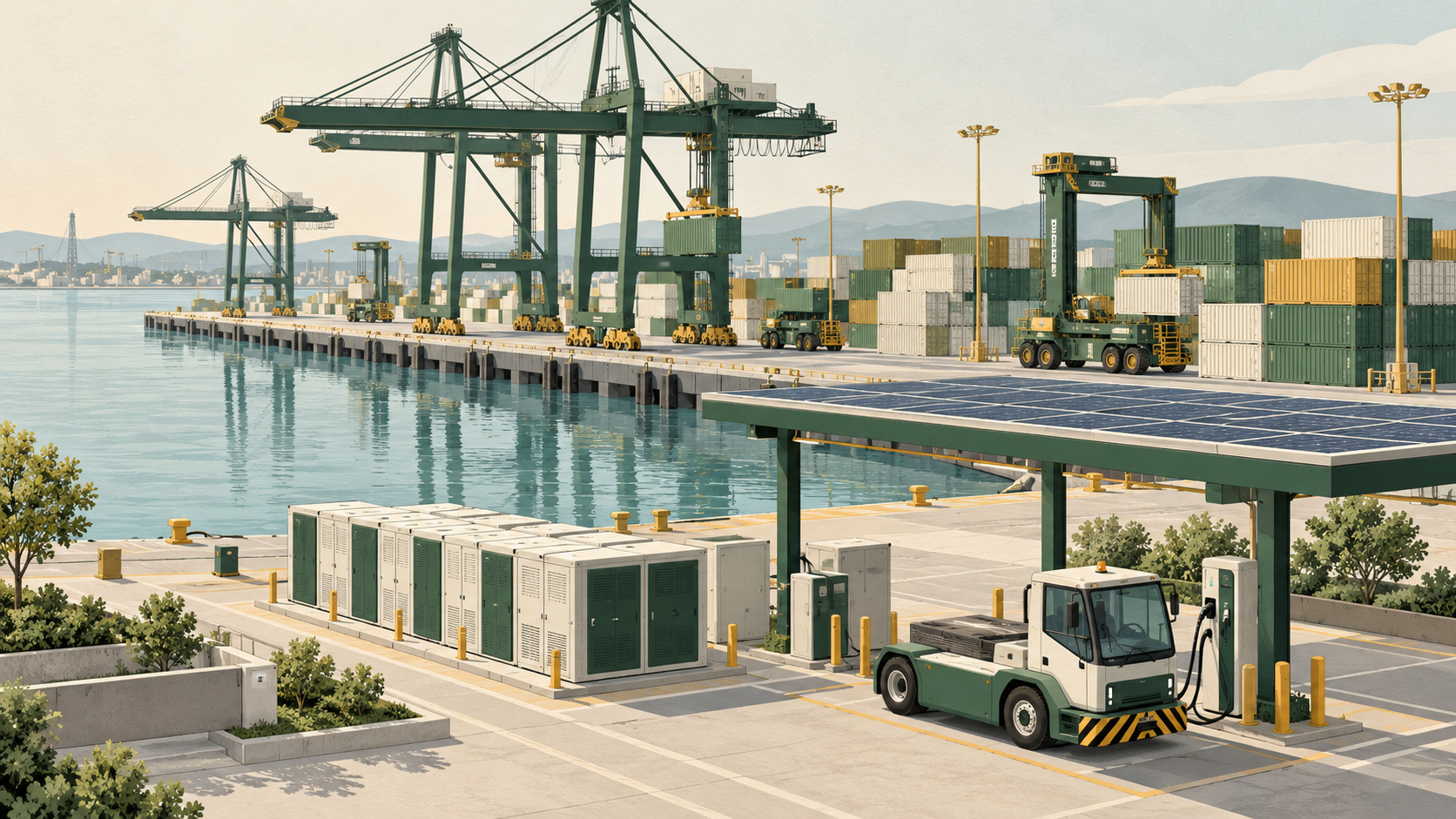 Concept illustration of port equipment charging beside battery storage and a solar canopy.