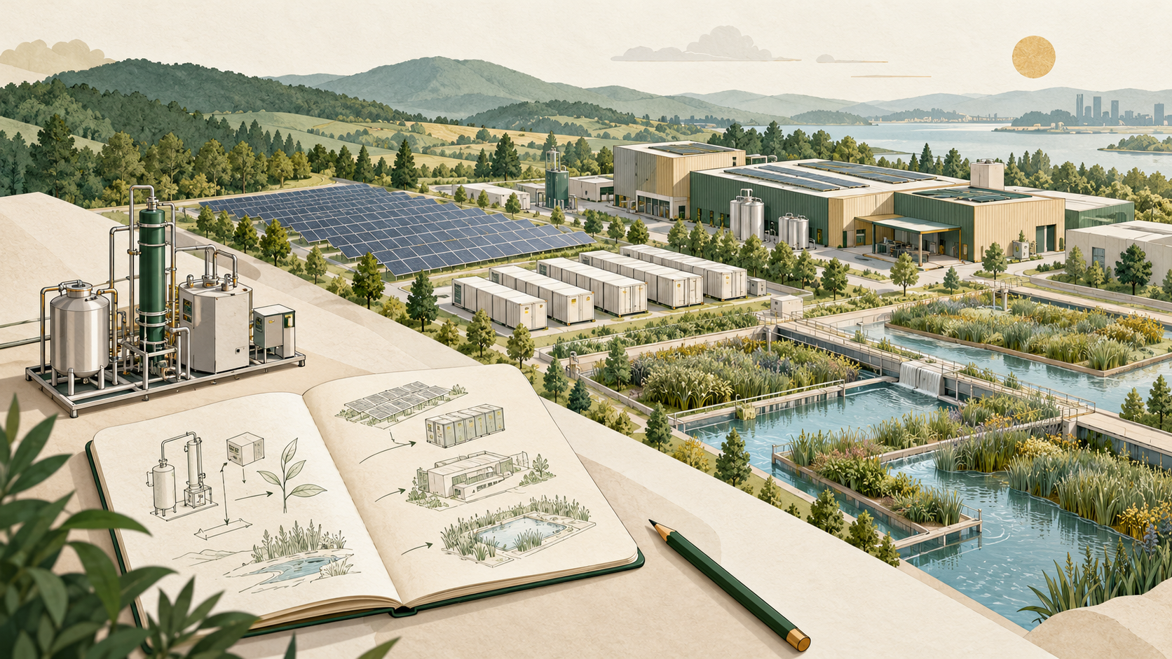 Concept illustration connecting pilot technology with solar, storage and water infrastructure deployment.