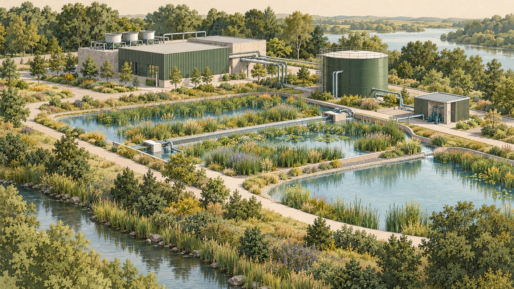 Concept illustration of treatment wetlands and water reuse beside an industrial facility.