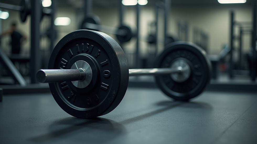 Close-up view of a barbell with weights on a gym floor