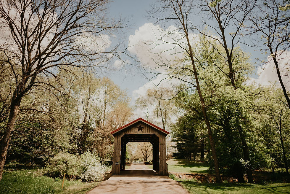 Rustic covered bridge at Brookside Farm
