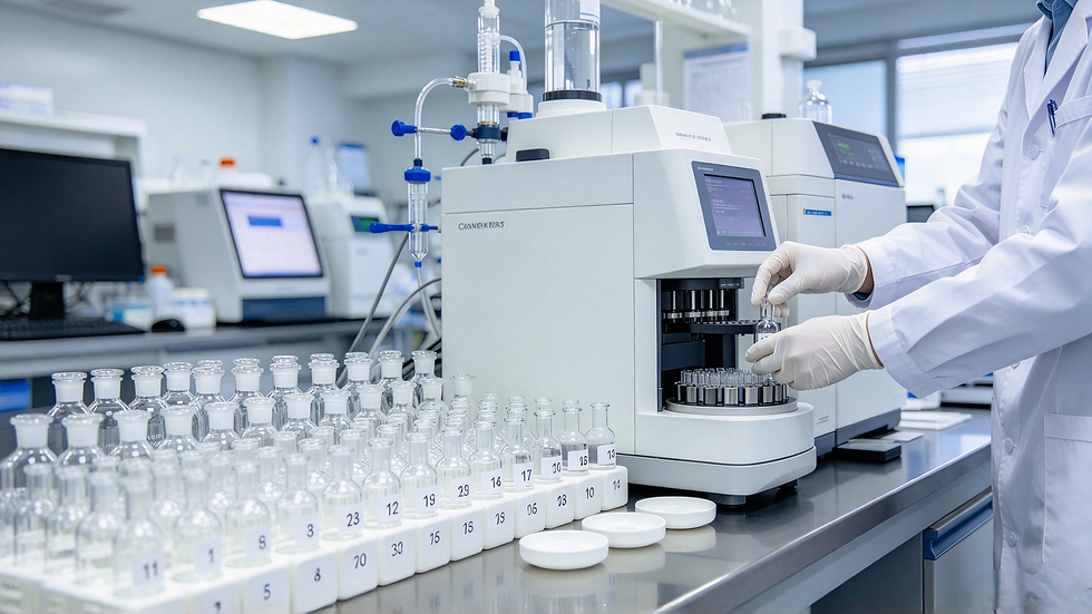 Gloved technician loading numbered vials into an autosampler on a cosmetic analysis bench