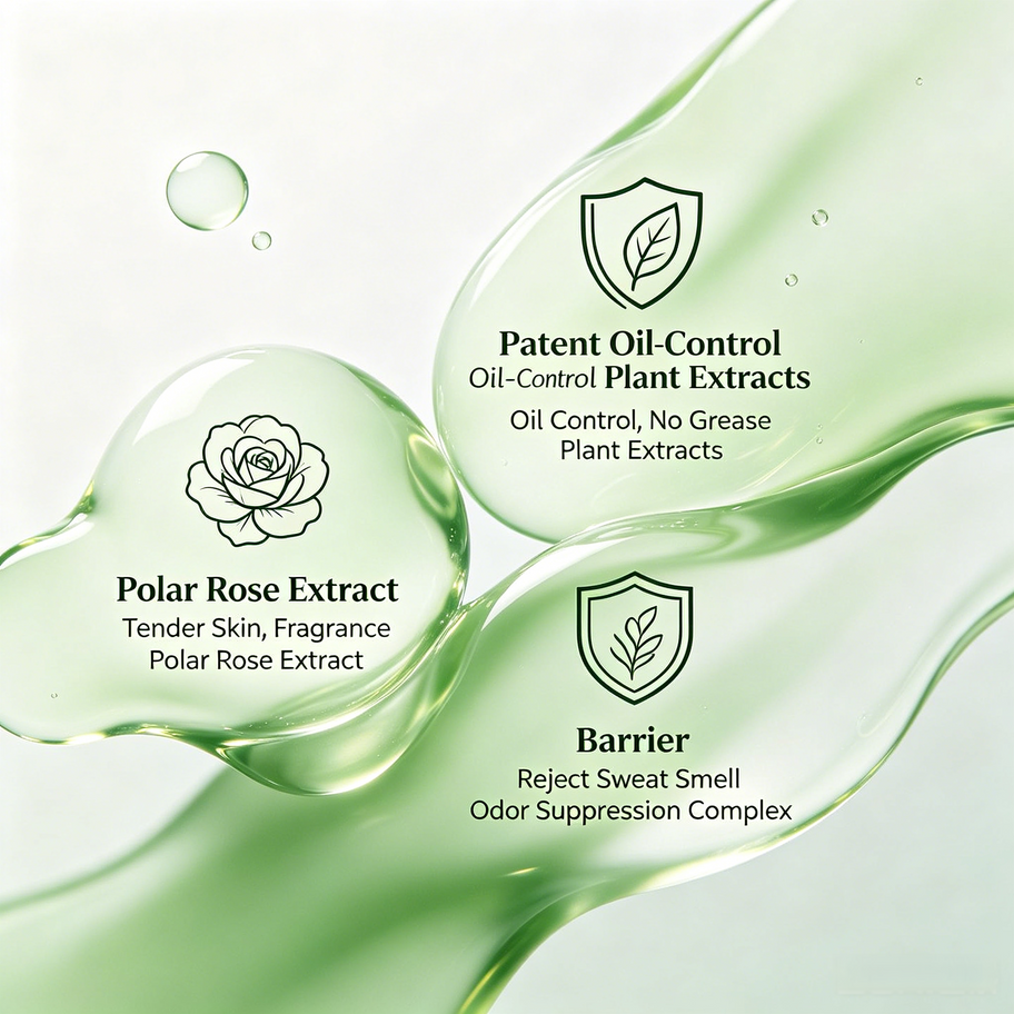 Polar Rose No-Wash Body Wash benefits: patent oil-control plant extracts, odor suppression shield, and tender skin fragrance