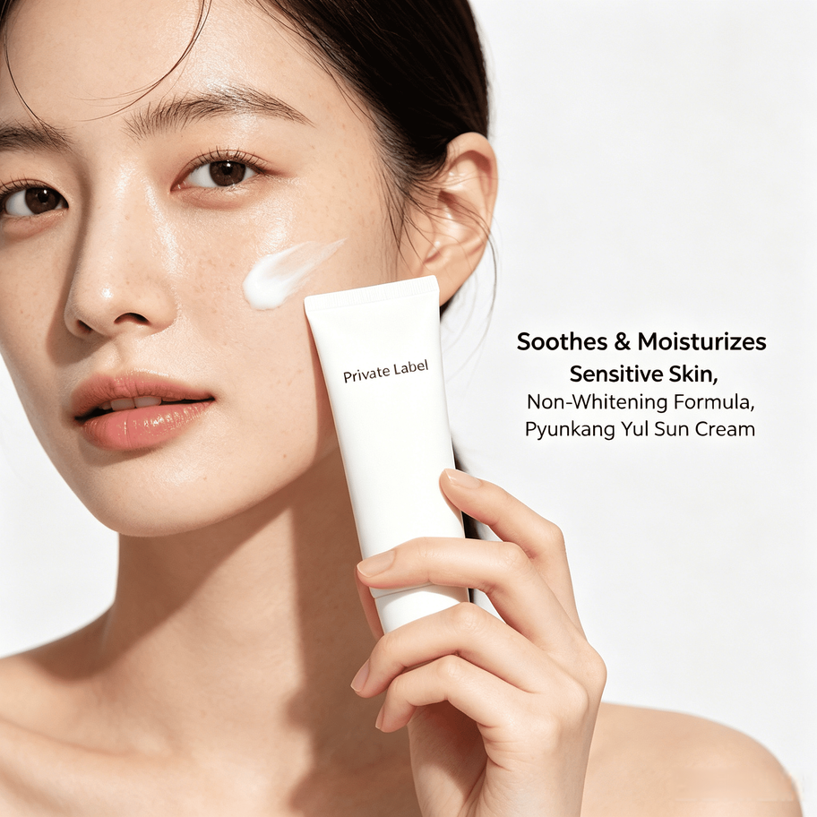 Model applying Private Label Mild Sun Cream, showing non-whitening formula that soothes and moisturizes sensitive and atopy-p