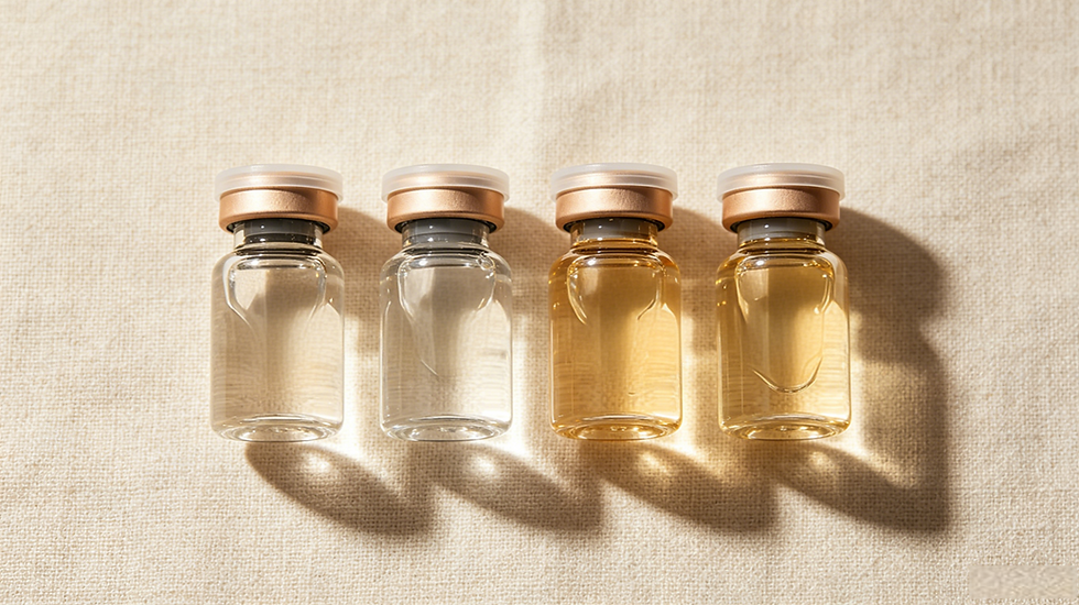 Four small glass vials with bronze caps on beige fabric. Two filled with clear liquid, two with amber, casting soft shadows.