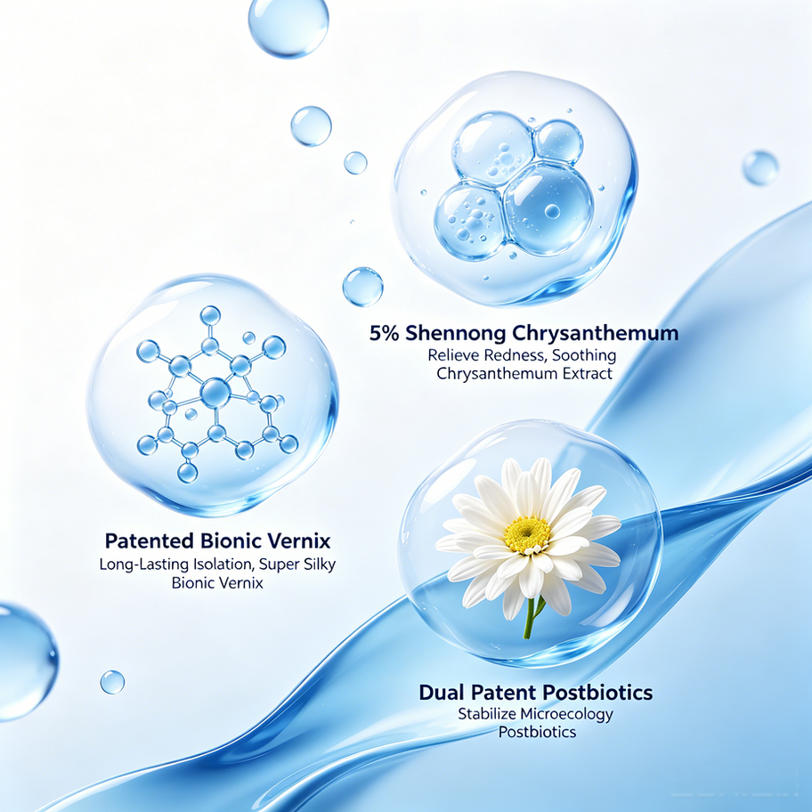 Bionic Fetal Fat Hip Cream ingredients: 5% Shennong Chrysanthemum, patented bionic vernix, and dual patent postbiotics for mi