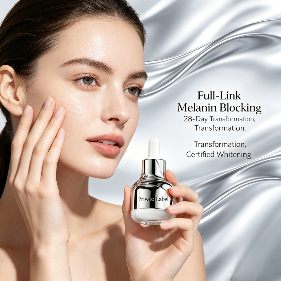 Model applying Private Label Radiant Whitening Essence, demonstrating full-link melanin blocking and 28-day certified whiteni