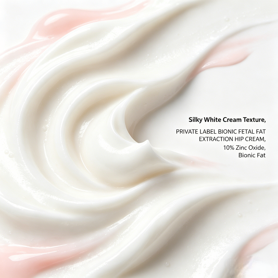 Bionic Fetal Fat Diaper Rash Cream showing silky white cream texture with 10% Zinc Oxide for baby care.