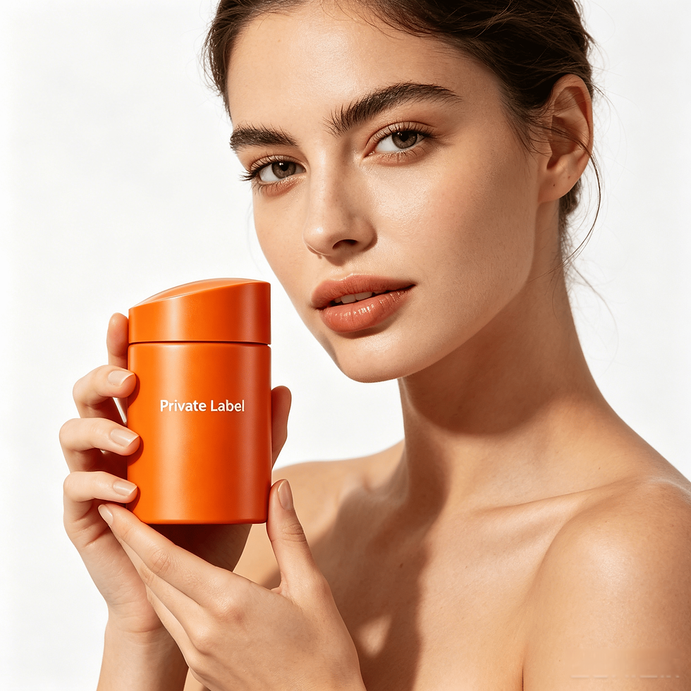 Model holding Private Label sunscreen, demonstrating water-refreshing texture and makeup friendly brightening finish.