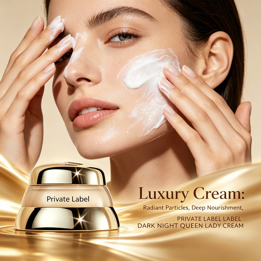 Model applying Luxury Cream Dark Night Queen Lady Cream, showing radiant particles and deep nourishment for mature skin anti-