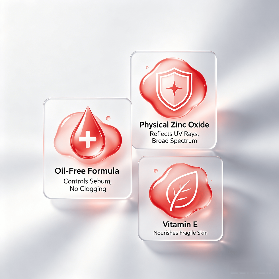 Icons displaying physical zinc oxide UV defense, oil-free sebum control formula, and vitamin E nourishing benefits for skin.