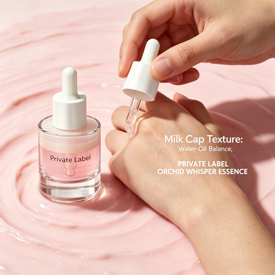 Model applying Private Label Orchid Whisper Essence, demonstrating milk cap texture and water-oil balance for firming and rep