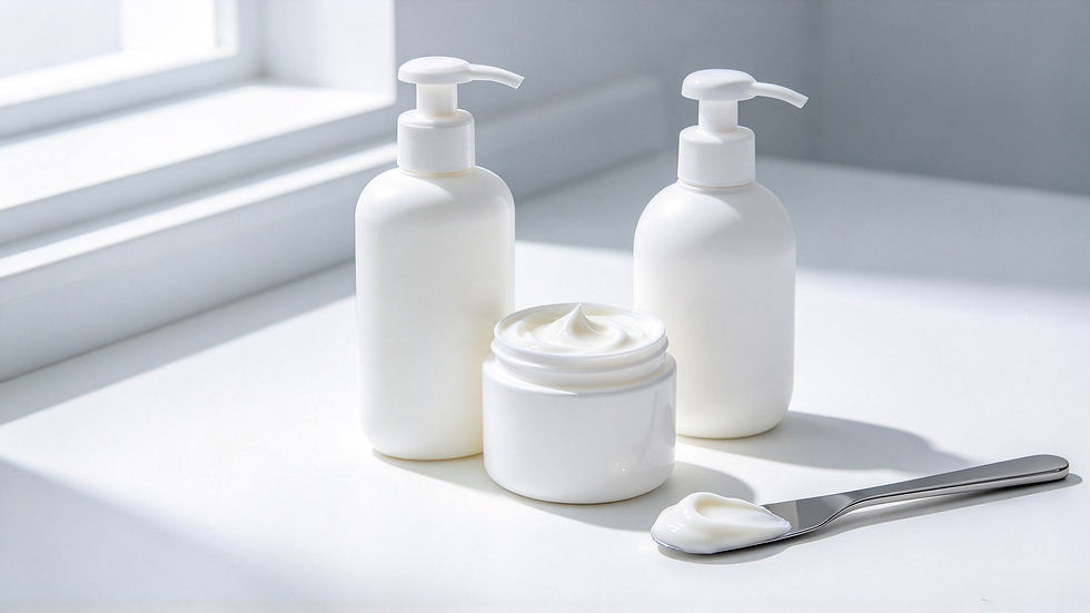 Unbranded white baby lotion, cream and wash bottles with a cream swatch on a spatula, on a clean lab bench.