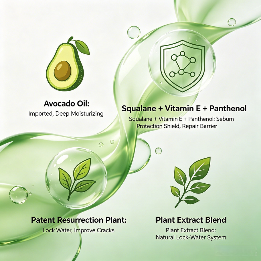 Avocado Oil Chapped Cream ingredients: avocado oil, squalane vitamin E panthenol, patent resurrection plant, and plant extrac