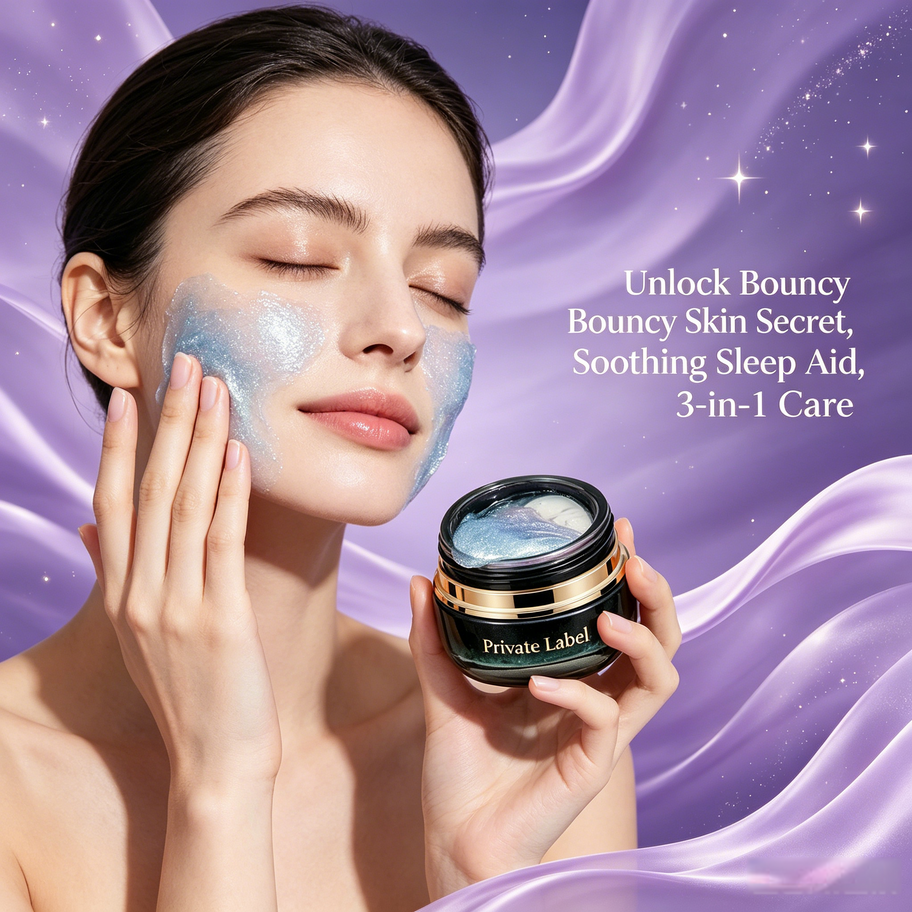 Model applying Private Label Starry Sky Sleeping Mask, demonstrating bouncy skin secret, soothing sleep aid and 3-in-1 care b