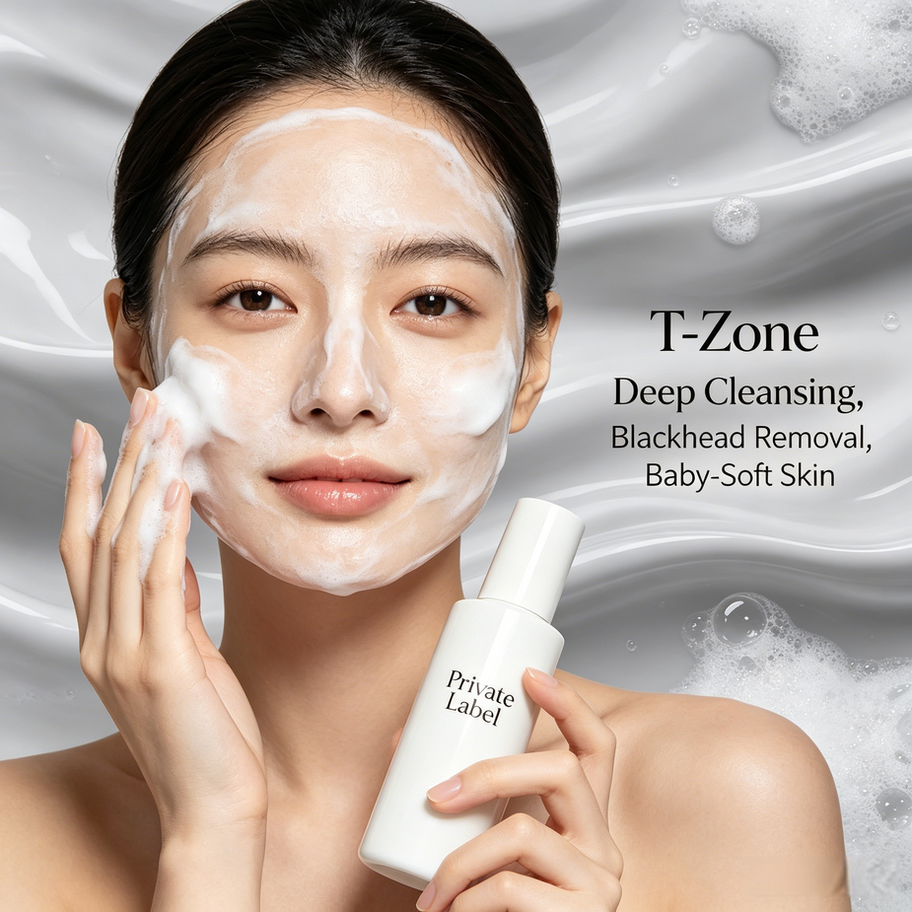 Model applying T-Zone Foam Mud Mask, demonstrating deep cleansing, blackhead removal, and baby-soft skin for T-zone care.