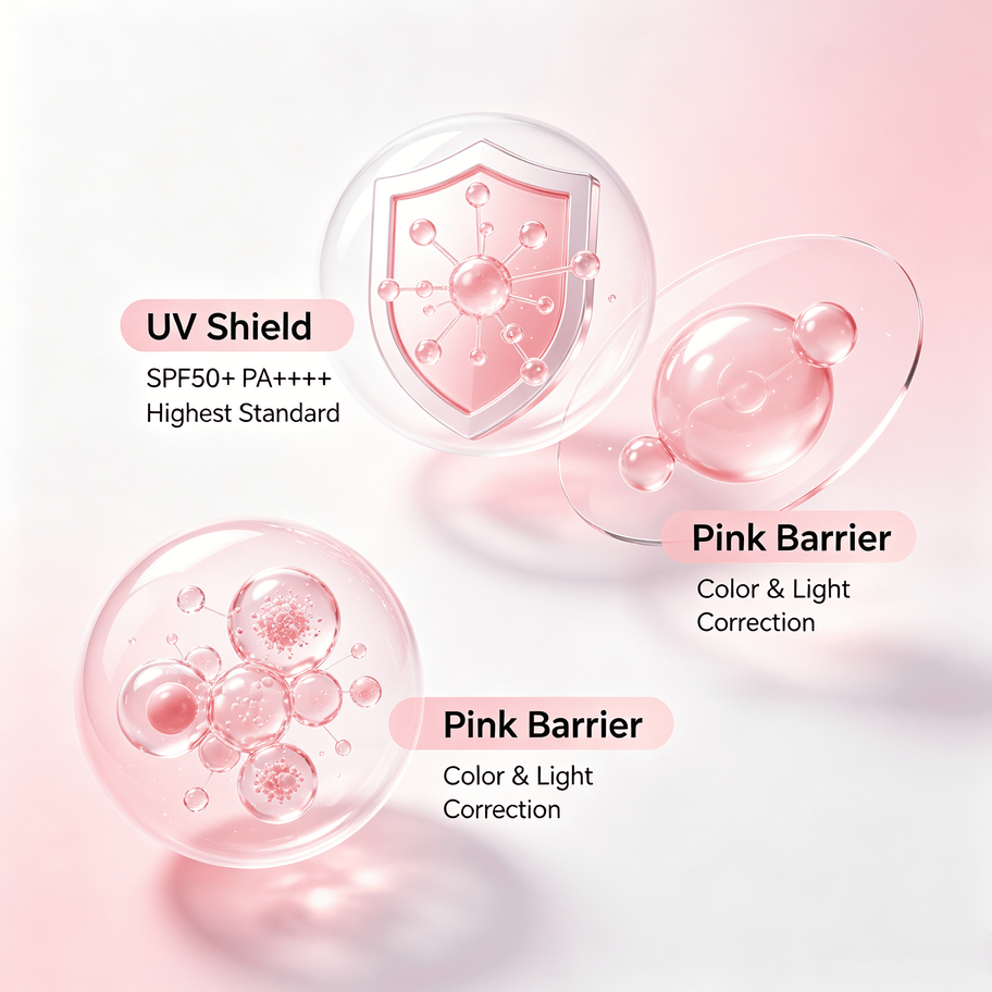 Whitening Sunscreen features: highest protection, tone-up pink barrier, and instant clear skin effect.