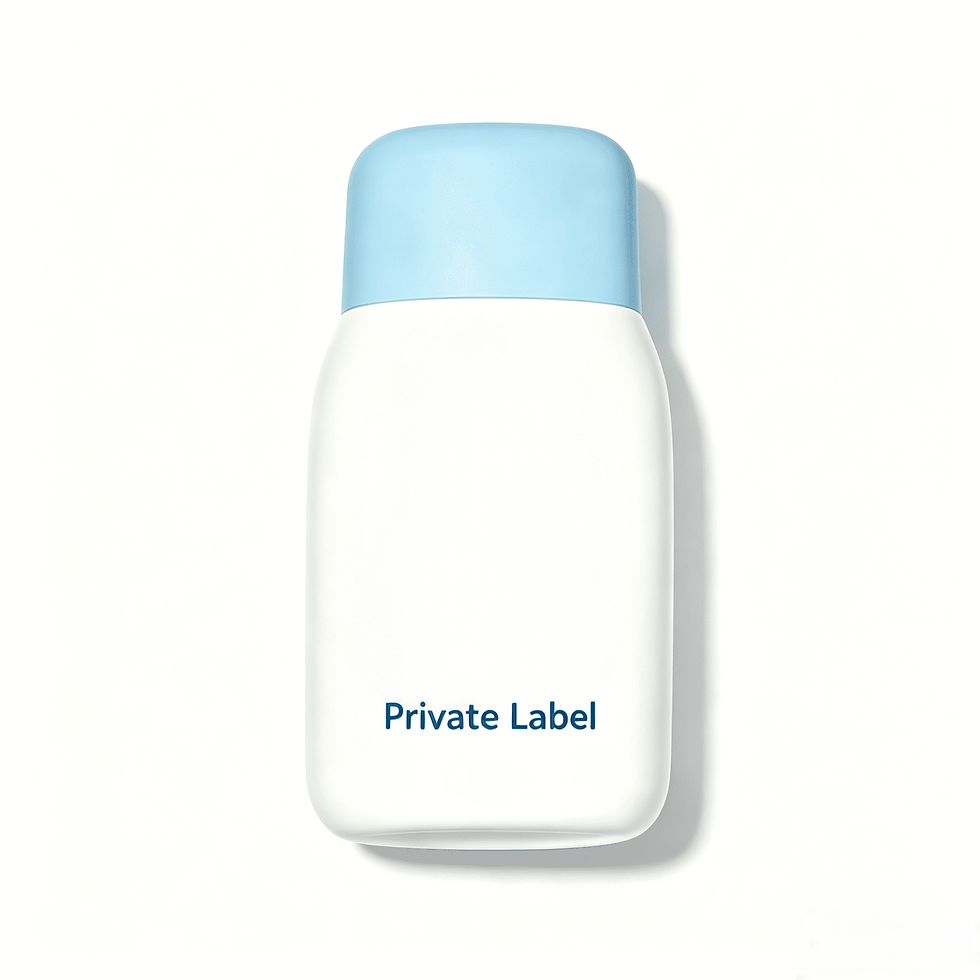 Private Label white bottle with blue cap, showcasing leak-proof packaging for watery lightweight kids sunscreen SPF40.