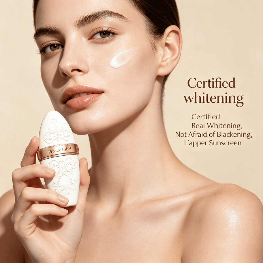 Model applying Private Label whitening sunscreen on face, showing lightweight texture and certified brightening effect.