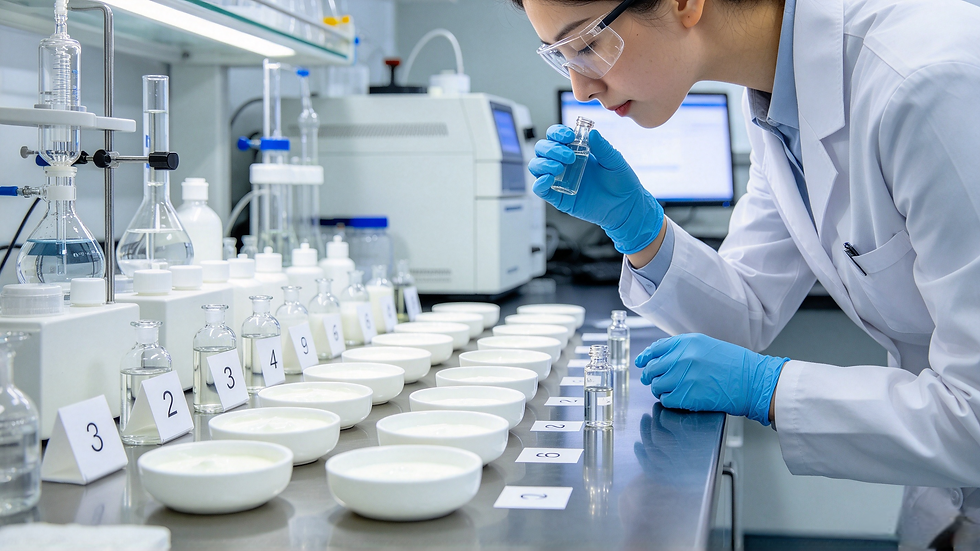 Gloved technician assessing odor of numbered baby lotion samples on a laboratory bench