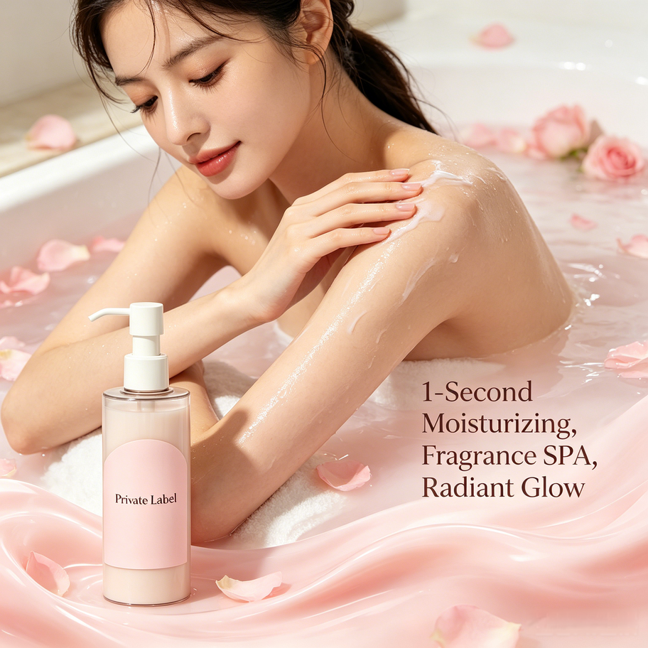 Model applying Radiant Glistening Nourishing Lotion in bath, demonstrating 1-second moisturizing, fragrance SPA, and radiant