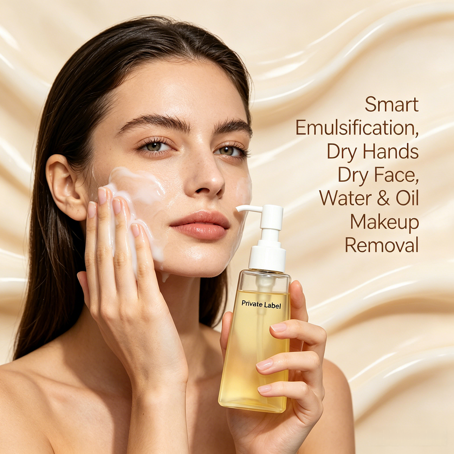 Model applying Private Label Orchid Sensitive Makeup Remover Essence, demonstrating smart emulsification and dry hands dry fa