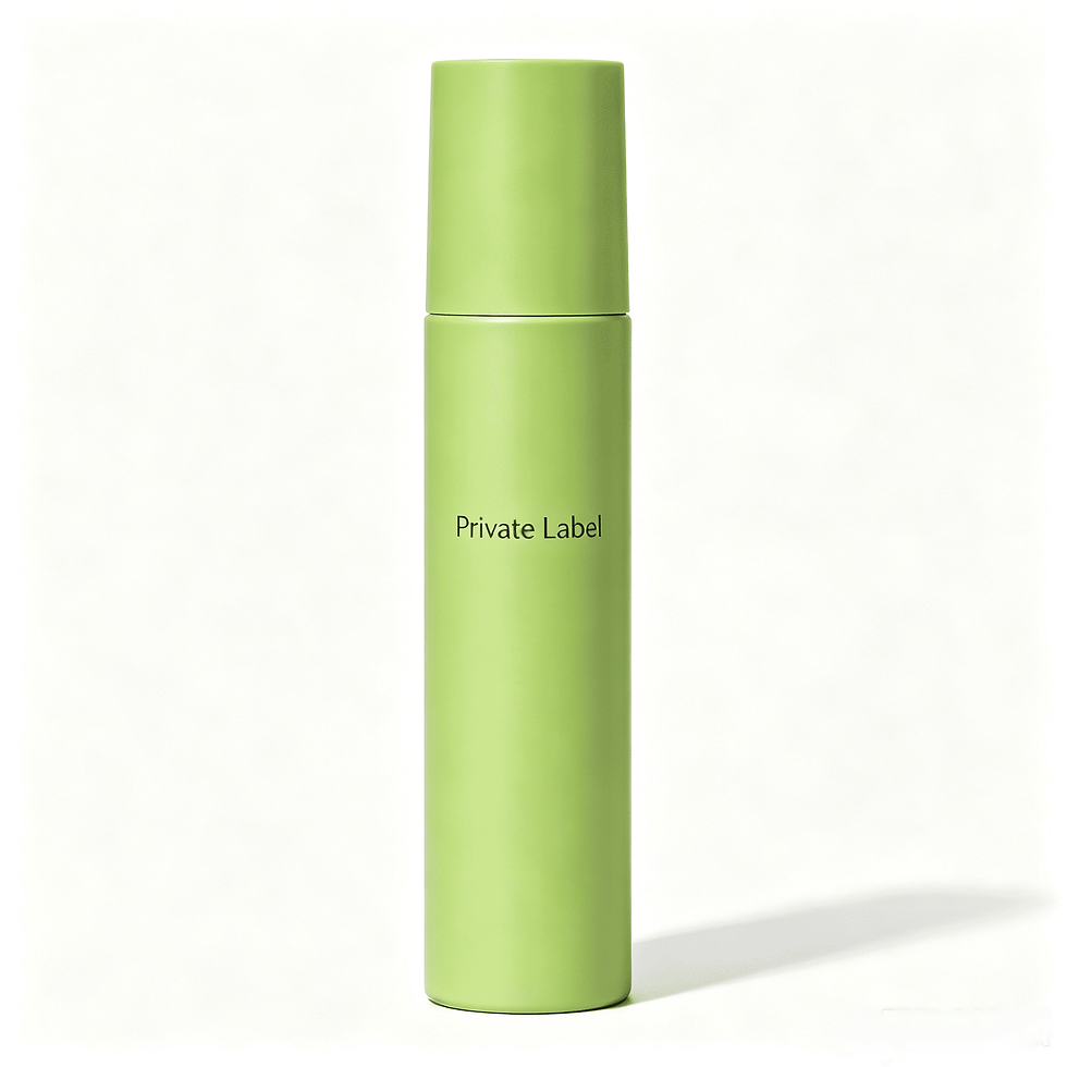 Private Label green spray bottle showcasing eco-friendly packaging for natural mineral sunscreen SPF50+.