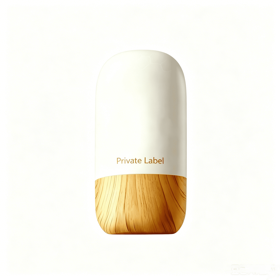 Private Label white bottle with wood grain base, showcasing elegant packaging for ultra-high protection whitening sunscreen S