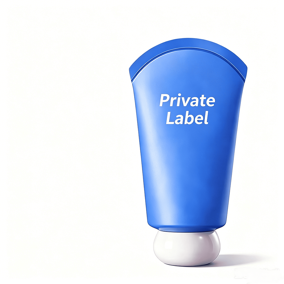 Private Label blue tube with white round cap, showcasing the sleek packaging design for the certified whitening sunscreen SPF