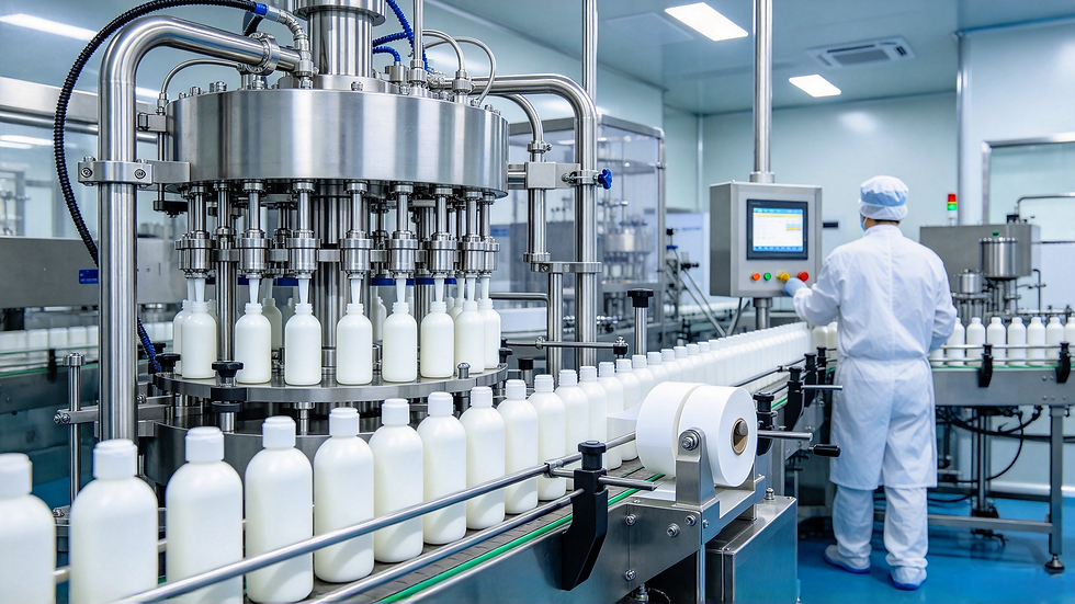 Baby lotion filling and labelling line in a cleanroom, white bottles on a conveyor belt