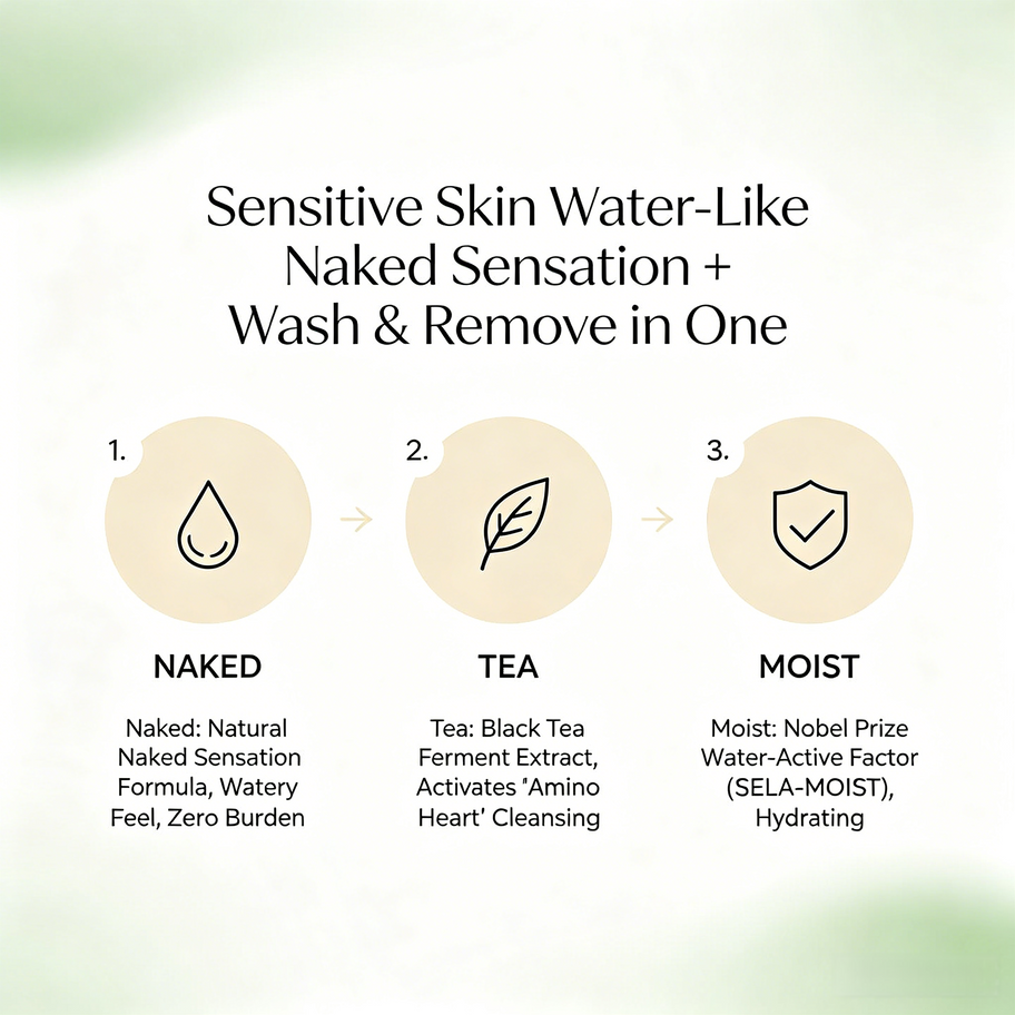 Chart showing Black Tea Amino Cleansing Liquid benefits: Naked sensation, Tea ferment cleansing, and Moist water-active facto