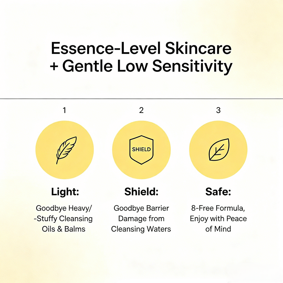 Orchid Sensitive Makeup Remover Essence showing double continuous phase tech for water & oil makeup removal, 8-free formula f